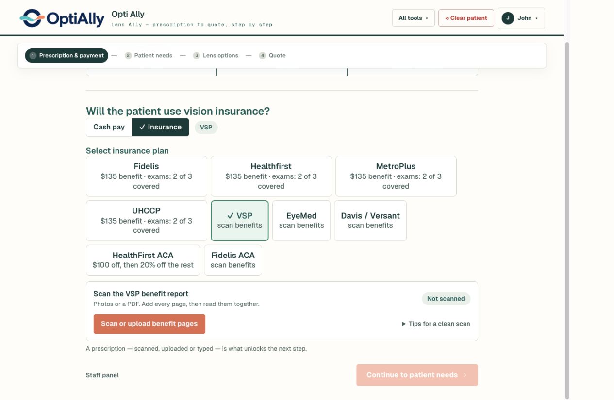 OptiAlly benefit input screen for reviewing a supplied vision benefit report