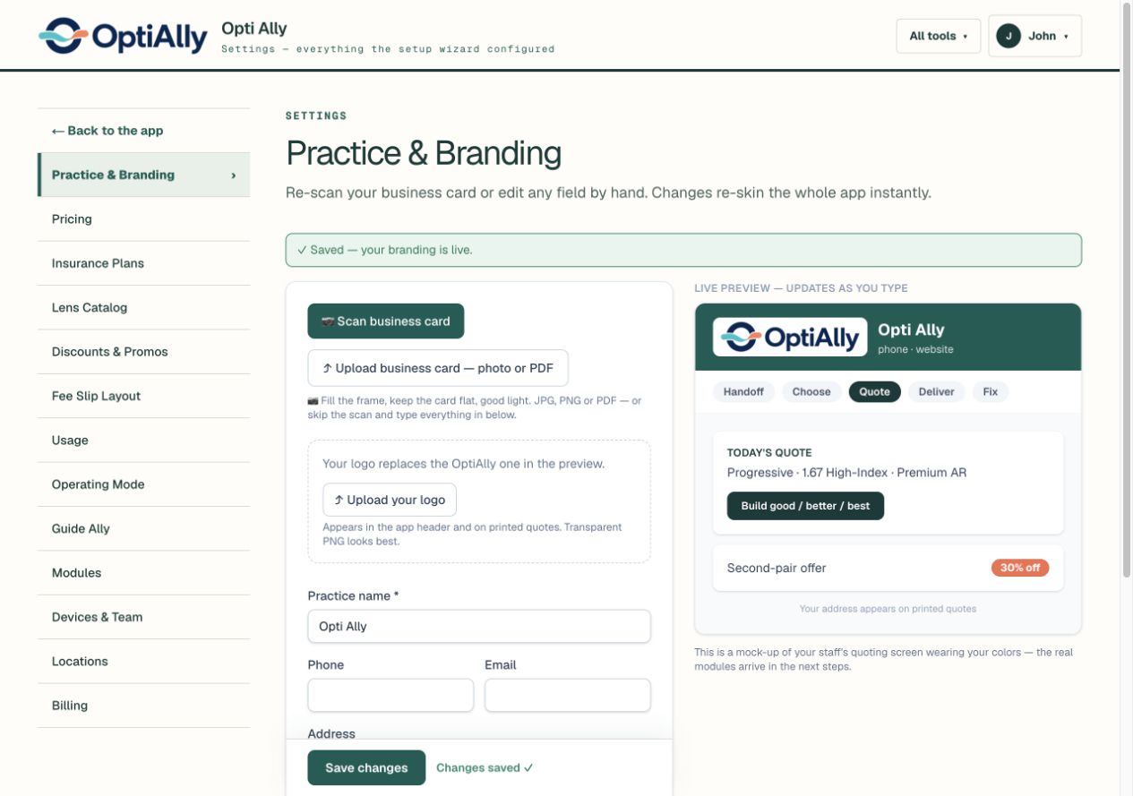 Actual Practice and Branding settings with logo upload and live practice preview