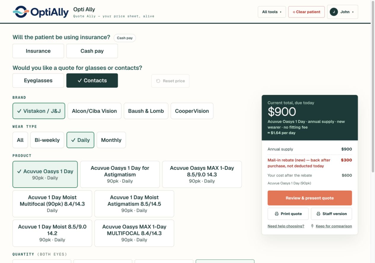 Quote Ally contact-lens product choices, quantities, and annual supply pricing