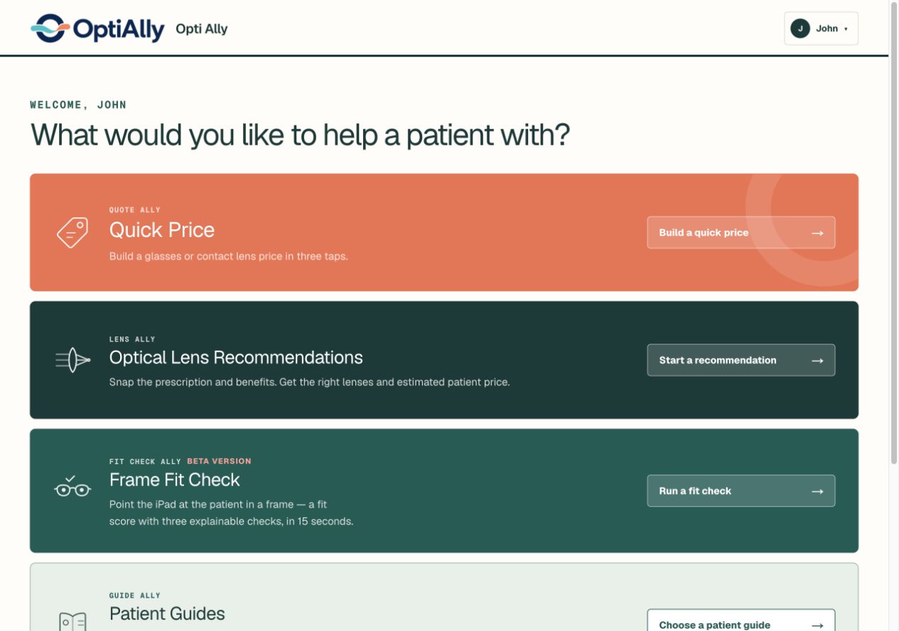 The current OptiAlly dashboard with Quick Price, Lens Ally and Fit Check Ally tools