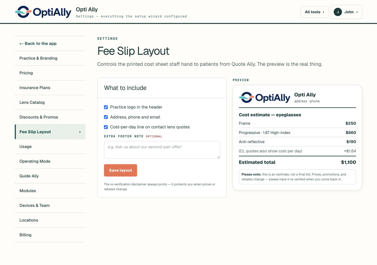 Actual fee-slip layout settings and preview with logo, contact details, and footer controls