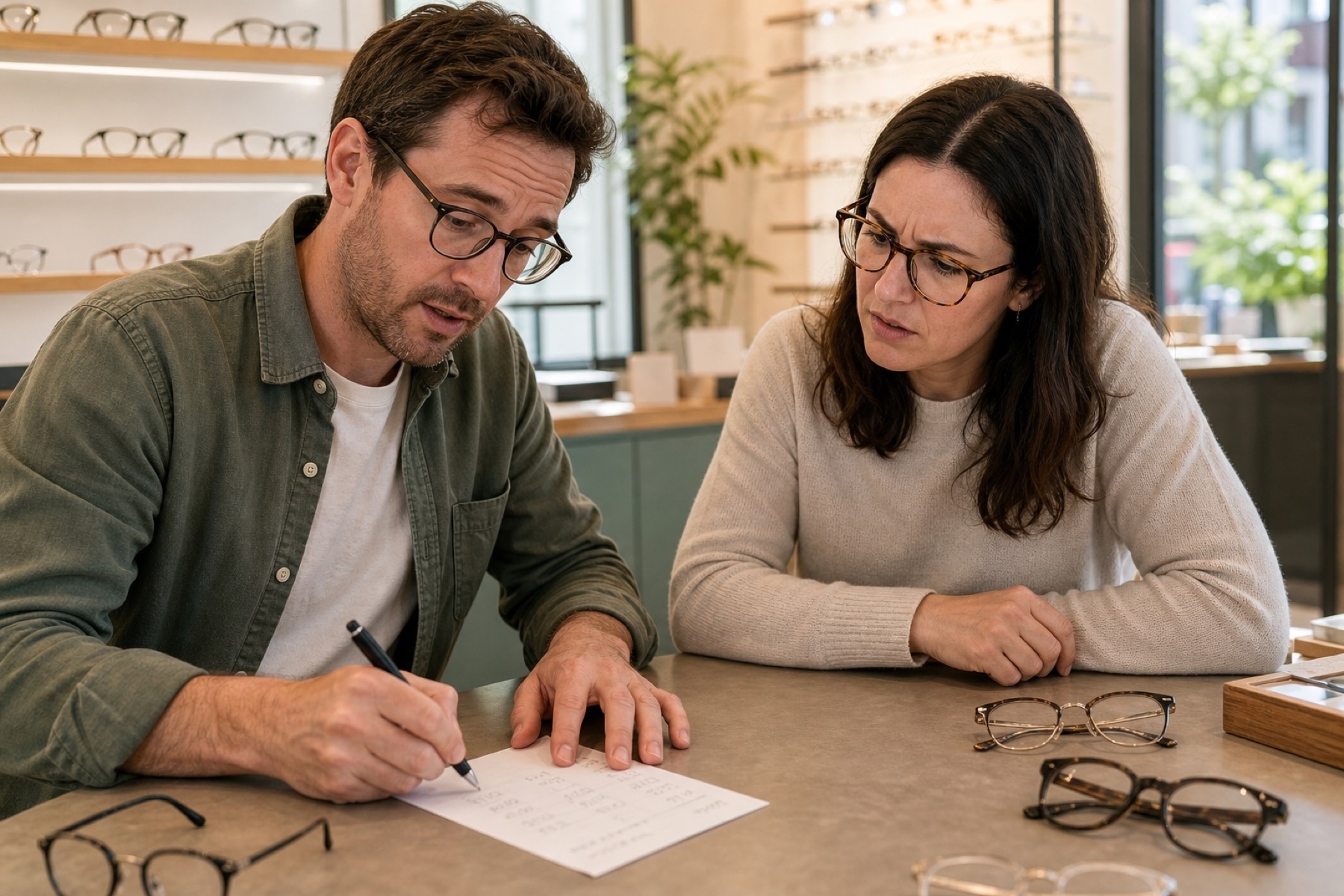 An optician and patient trying to follow a handwritten price quote
